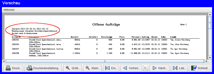 Liste 'Offene Aufträge'